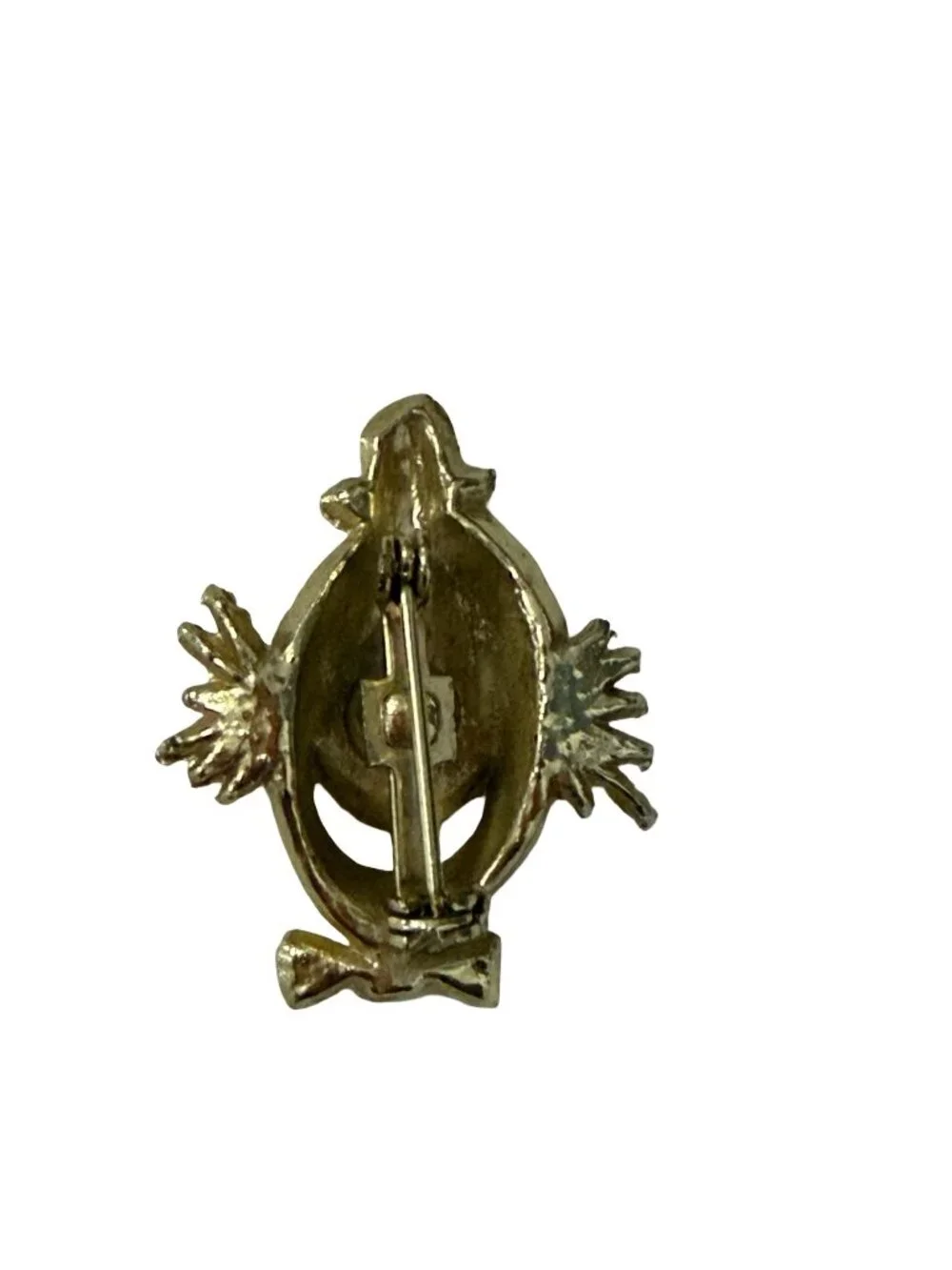 Vintage Gold Tone Anthropomorphic Egg Brooch Iridescent Cabochon Clown Pin